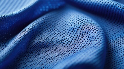Blue sports jersey fabric in a detailed close-up, showing its texture and stitching against a clean background.