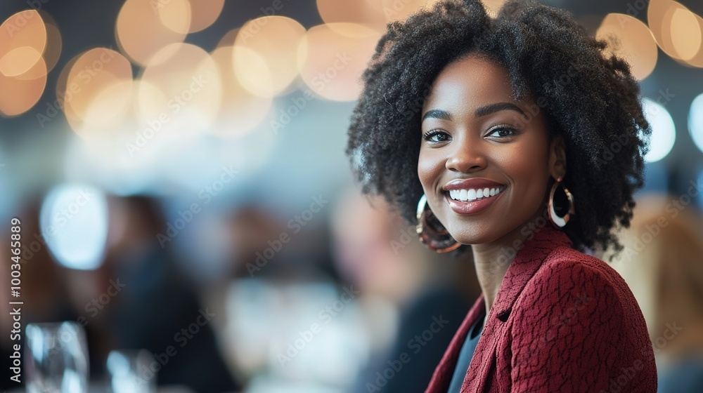 Sticker Happy Young Woman with Curly Hair Smiling at Event