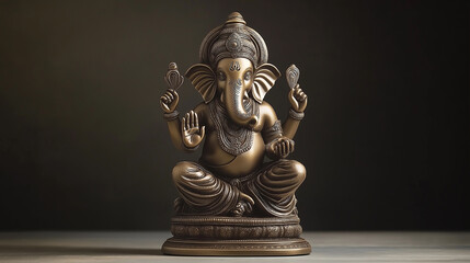 Golden ganesha statue holding a lotus flower and blessing with the other hand