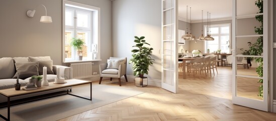Fototapeta premium Modern Living Room with Open Doorway to Dining Area