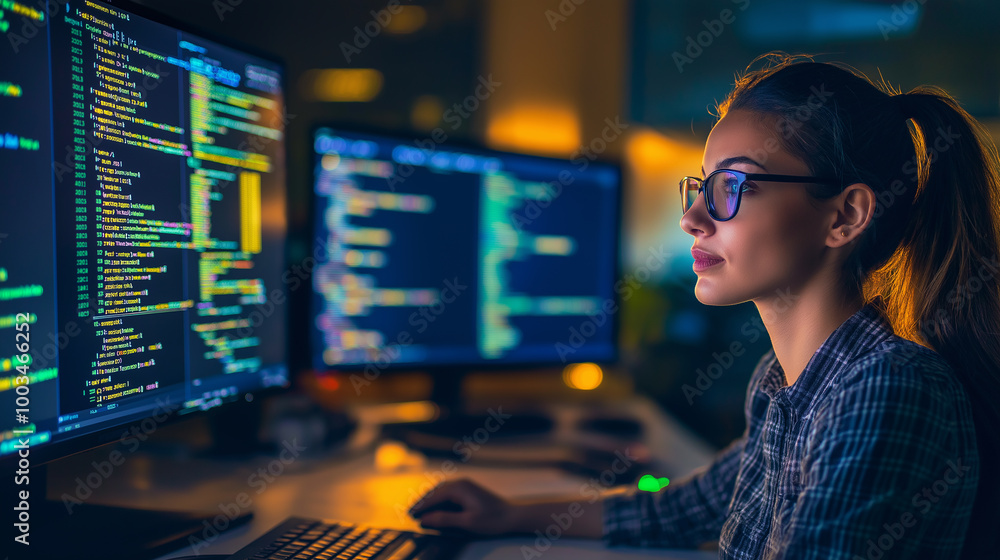 Poster Young woman programmer working on computer code at night in office