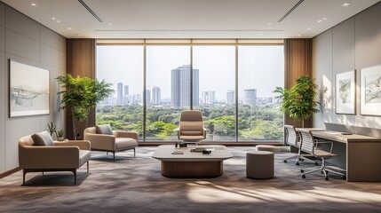 Fototapeta premium Modern office interior with large windows overlooking a cityscape and green park.