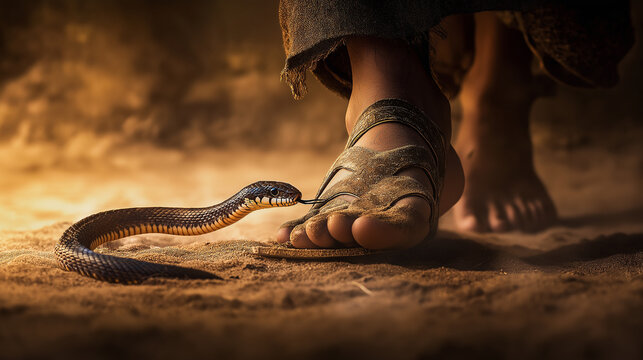 Black snake getting ready to bite a man walking on the sand