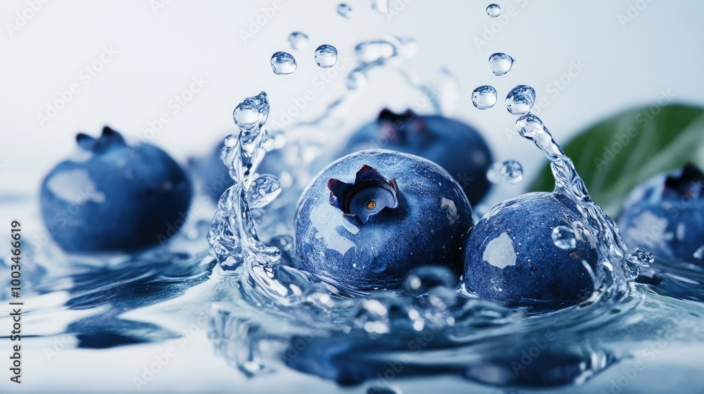 Poster blueberry falling into clear water, creating a splash with suspended droplets and ripples in a refre