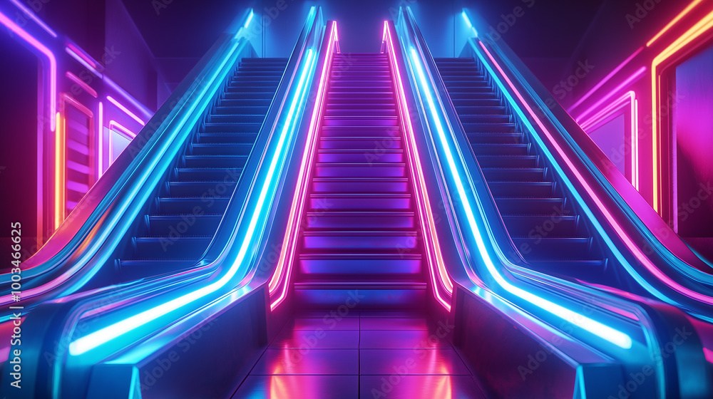 Poster two empty escalators going up illuminated by neon lights