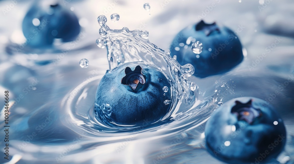 Poster blueberry falling into clear water, creating a splash with suspended droplets and ripples in a refre