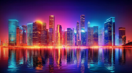 Fototapeta premium Modern city skyline reflecting on water at dusk