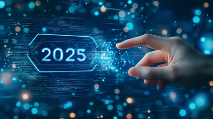 Businessman pointing at futuristic hologram display showing year 2025