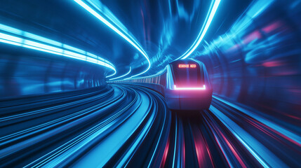 Obraz premium Futuristic train speeding in tunnel with neon lights
