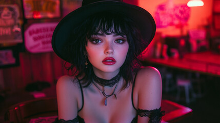 young woman dressed as a witch at a Halloween party, adorned with dark makeup and a mysterious aura. She stands in a dimly lit room, exuding mysticism and allure, embracing the Halloween spirit