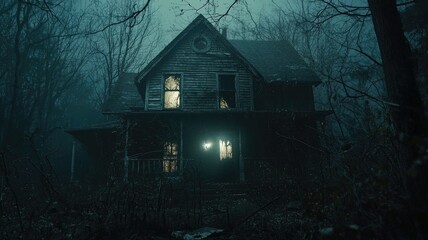 A dilapidated, abandoned house stands amidst a dense, foggy forest at night, illuminated by a single light.