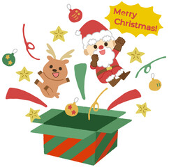 クリスマスプレゼントの箱から飛び出すサンタとトナカイのイラスト