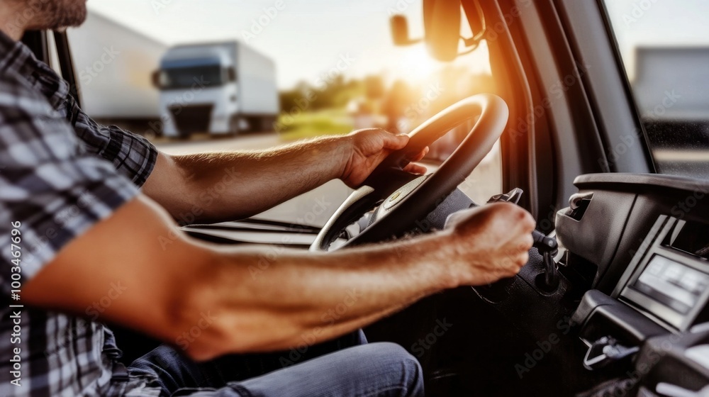 Aufkleber a driver checking a gps system while driving a truck, showing route optimization and real-time fleet