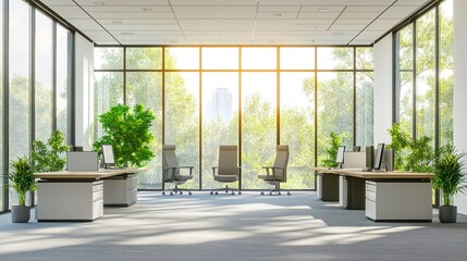 Fototapeta premium Modern office interior with large windows overlooking a city skyline and trees, desks with chairs, and plants.