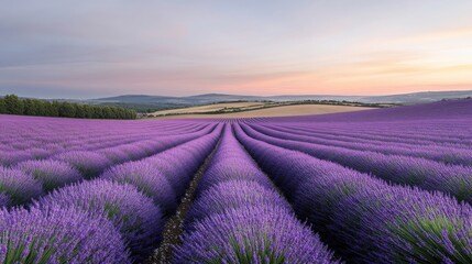 Fototapeta premium Lavender field under a beautiful sky at sunset, showcasing vibrant purple hues.