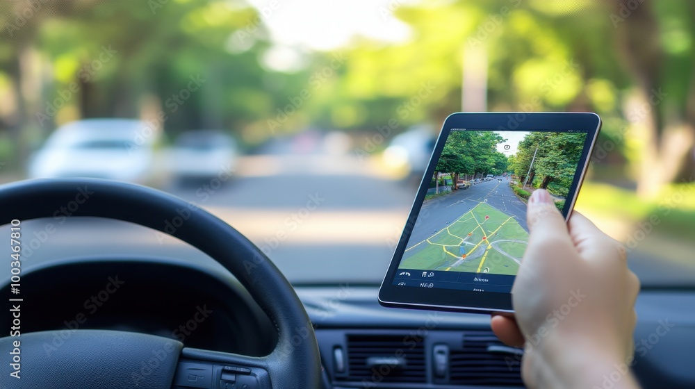 Aufkleber a driver using a tablet to monitor their route, with a map showing live gps tracking and fleet manag