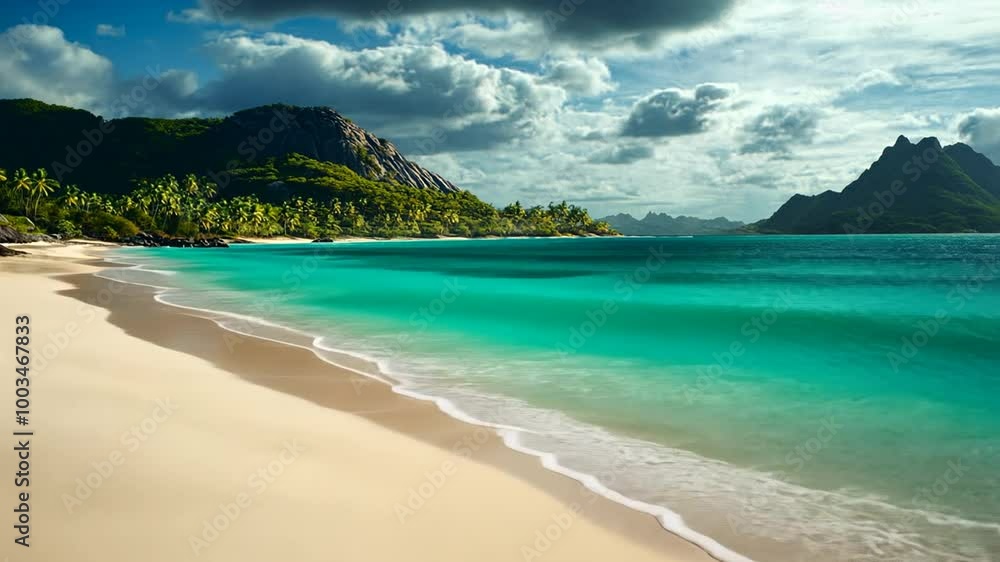 Aufkleber tranquil beach with azure waters and lush mountains in the background generative ai