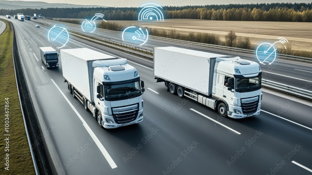 Aufkleber a fleet of trucks driving down a highway, with gps signals and data points floating above each vehic