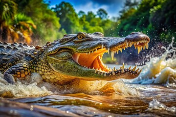 Fototapeta premium Fierce crocodiles hunt in the wild rivers, showcasing their natural predatory instincts as they stealthily pursue their
