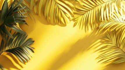 Obraz premium Bright yellow background with tropical leaf shadows rendered in 3D, creating a summer vibe with soft light effects.