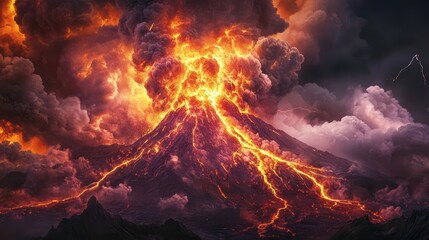 A dramatic and fiery volcanic eruption with lava flowing down the mountainside and thick smoke billowing into the sky.