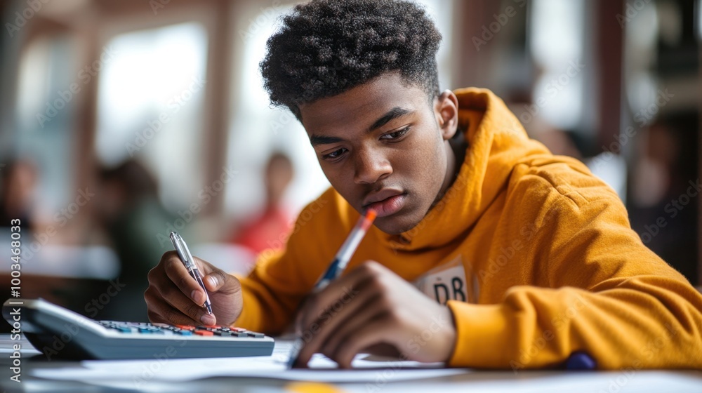Poster a focused student using a calculator and writing formulas during a difficult final math exam.