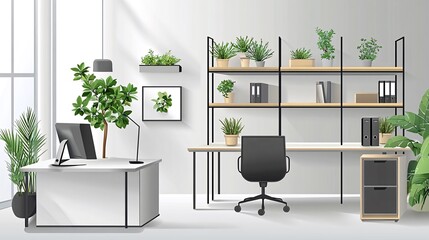 Modern office interior with a large desk, shelves, and plants.