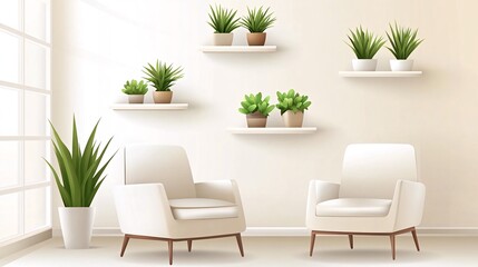 Fototapeta premium Two white armchairs in a minimalist living room with potted plants and shelves.
