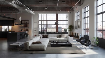 Interior Cozy minimalist industrial loft conversion living room AI generated image