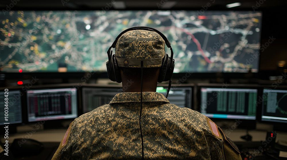 Aufkleber Soldier monitoring multiple screens showing data and maps