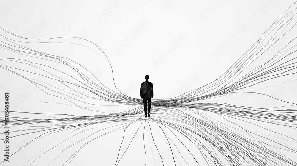 Poster Businessman walking in abstract landscape of lines representing data flow