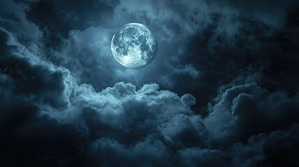 Full Moon Shining Through Dark Clouds in a Night Sky