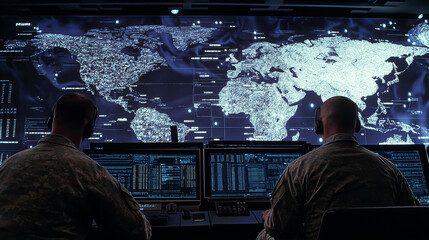 Military personnel monitoring global map on computer screens in a high tech environment