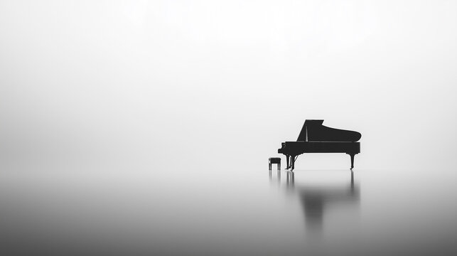 Black grand piano reflecting on white background