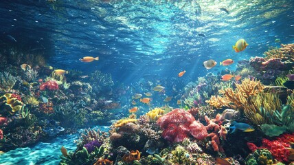 Fototapeta premium Vibrant Underwater Scene with Colorful Fish and Coral Reefs