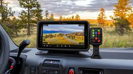 Obraz premium A GPS tracker on a truck dashboard, showing live tracking data, speed, and distance to destination, ensuring efficient fleet operation