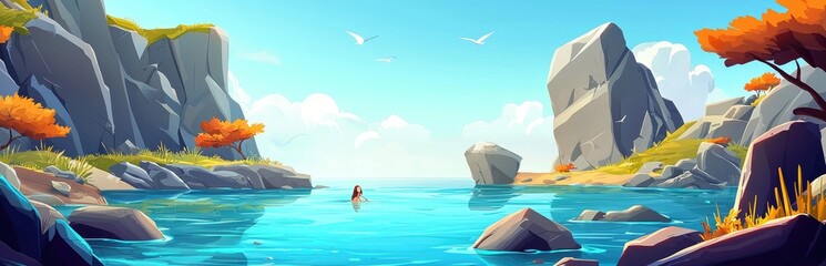 Obraz premium Woman Swimming in a Rocky Cove with Autumn Trees