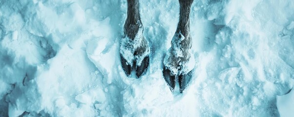 Close-up view of animal hooves in fresh snow, showcasing the contrast of nature and winter's beauty.