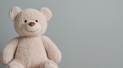 Cute, plush teddy bear sitting against a soft, light-colored background.