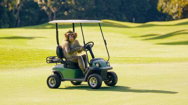 Monkey is driving golf cart on a golf course