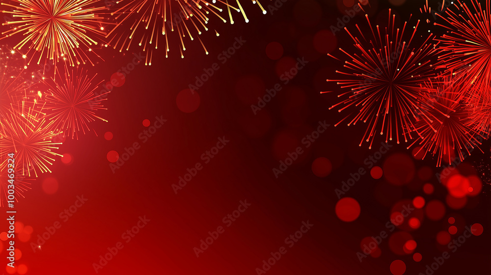 Aufkleber Fireworks exploding on a red gradient background with bokeh