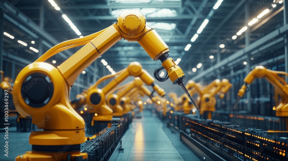 Aufkleber this image features multiple industrial robotic arms in a brightly lit factory setting, emphasizing 