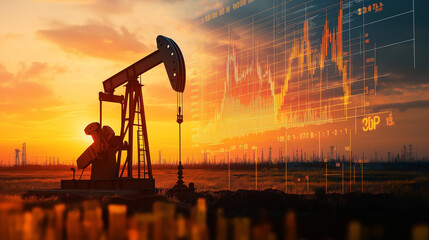 Oil pump jack extracting crude oil and price charts showing growth at sunset