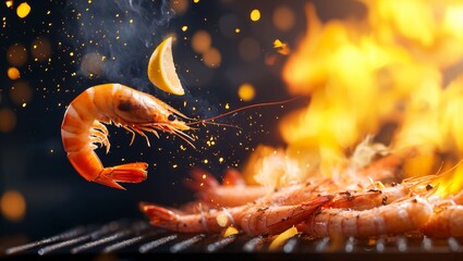 Sizzling Grilled Shrimp with Lemon Splash: A Culinary Masterpiece in Motion Captured Among Vibrant Flames Amidst a Flavorful Feast for the Senses, Eliciting Joyful Anticipation!