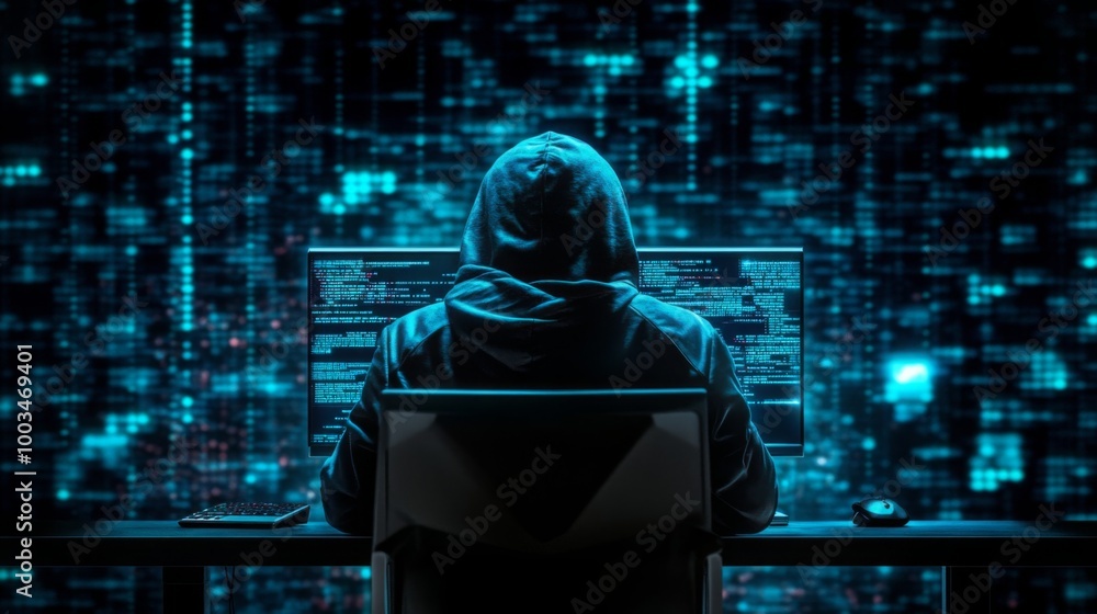 Poster a silhouetted figure in a hooded sweatshirt sits in front of multiple screens displaying code and di