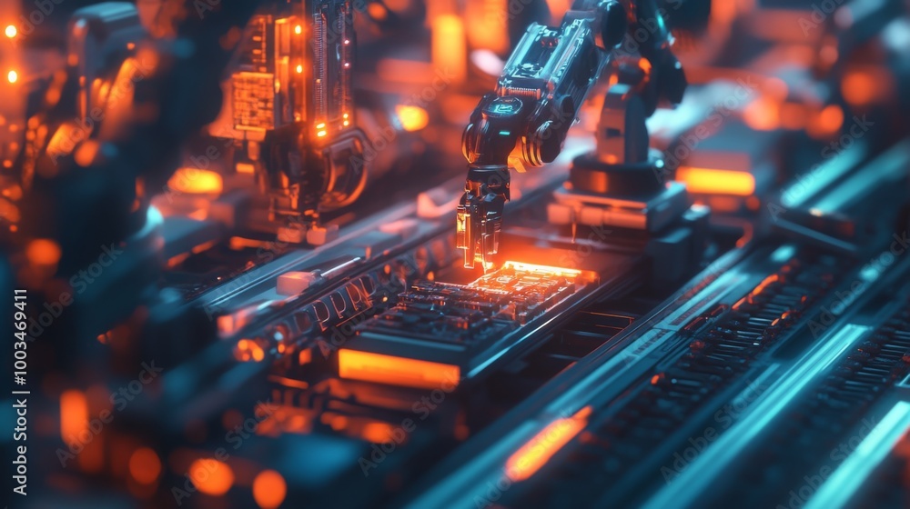 Poster a vibrant, futuristic scene showcasing robotic hands assembling electronic components with glowing l