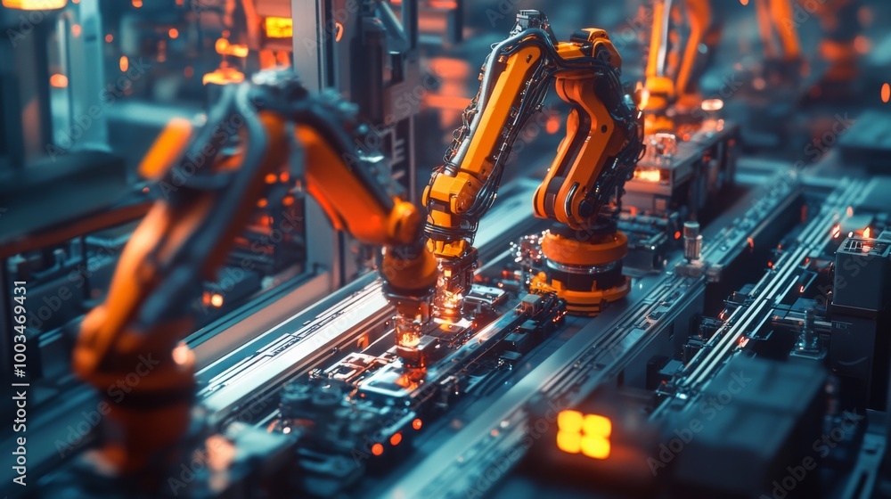 Leinwandbilder a futuristic scene featuring robotic arms in a busy factory setting, showcasing advanced automation 