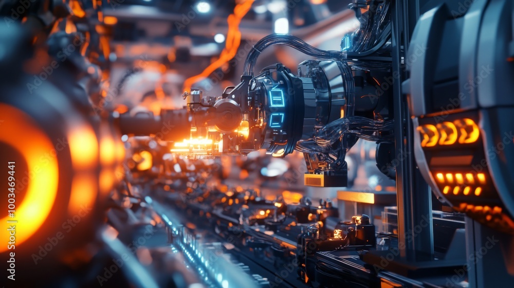 Leinwandbilder a close-up view of advanced robotic machinery in a modern factory, showcasing intricate components a
