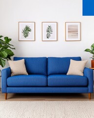 Modern blue sofa with cozy pillows against a stylish wall with framed art.