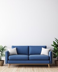 Modern blue sofa with cushions, surrounded by green plants, on wooden floor.